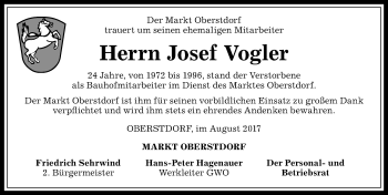 Traueranzeige von Josef Vogler von Allgäuer Anzeigeblatt