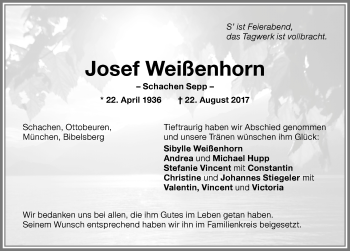 Traueranzeige von Josef Weißenhorn von Memminger Zeitung