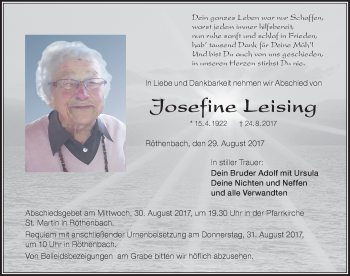 Traueranzeige von Josefine Leising von Der Westallgäuer