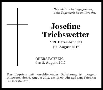 Traueranzeige von Josefine Triebswetter von Allgäuer Anzeigeblatt