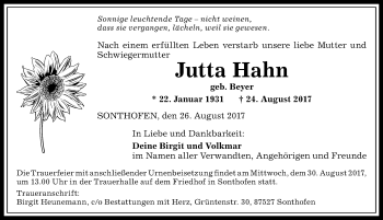 Traueranzeige von Jutta Hahn von Allgäuer Anzeigeblatt