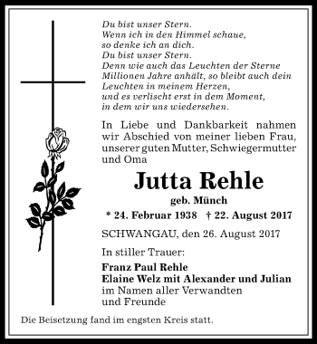 Traueranzeige von Jutta Rehle von Allgäuer Zeitung, Füssen