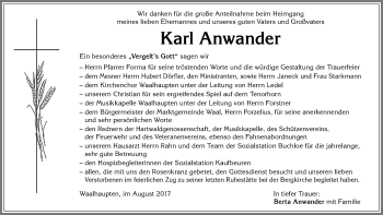 Traueranzeige von Karl Anwander von Allgäuer Zeitung, Kaufbeuren/Buchloe