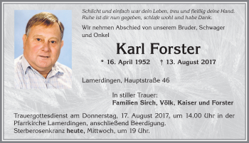 Traueranzeige von Karl Forster von Allgäuer Zeitung, Kaufbeuren/Buchloe