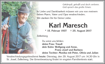 Traueranzeige von Karl Maresch von Allgäuer Zeitung, Marktoberdorf