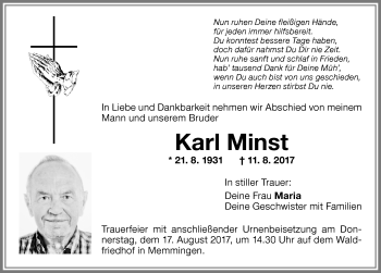 Traueranzeige von Karl Minst von Memminger Zeitung
