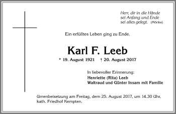 Traueranzeige von Karl F. Leeb von Allgäuer Zeitung,Kempten