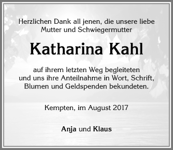 Traueranzeige von Katharina Kahl von Allgäuer Zeitung,Kempten