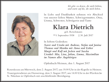 Traueranzeige von Klara Dietrich von Der Westallgäuer