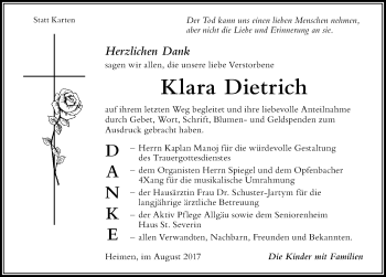 Traueranzeige von Klara Dietrich von Der Westallgäuer