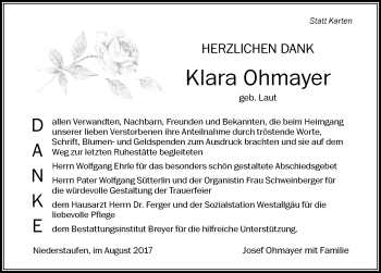 Traueranzeige von Klara Ohmayer von Der Westallgäuer
