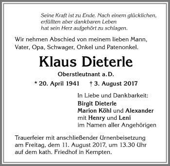 Traueranzeige von Klaus Dieterle von Allgäuer Zeitung,Kempten