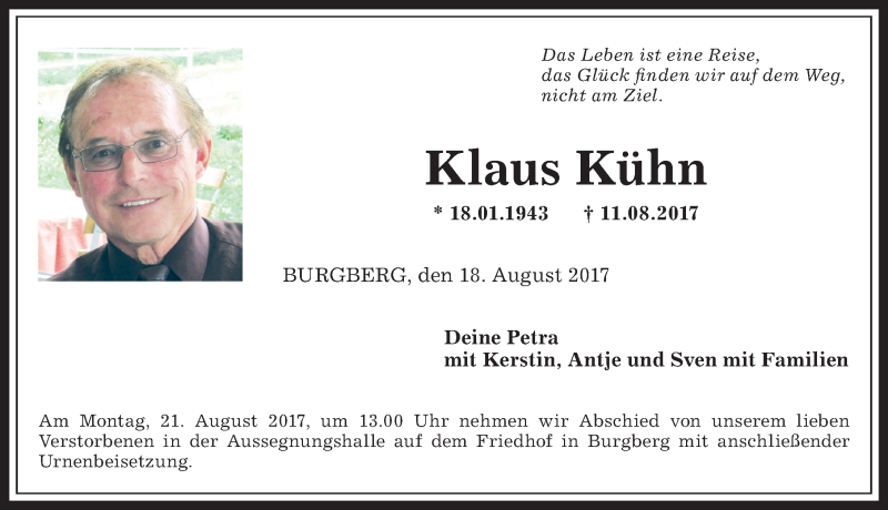  Traueranzeige für Klaus Kühn vom 18.08.2017 aus Allgäuer Anzeigeblatt