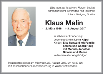 Traueranzeige von Klaus Malin von Memminger Zeitung