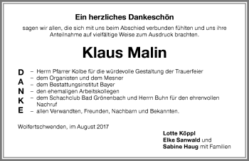 Traueranzeige von Klaus Malin von Memminger Zeitung