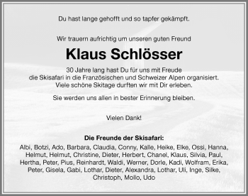 Traueranzeige von Klaus Schlösser von Allgäuer Zeitung,Kempten
