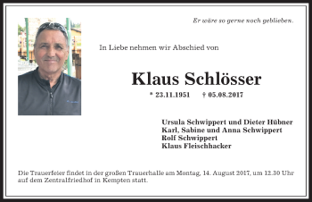 Traueranzeige von Klaus Schlösser von Allgäuer Zeitung,Kempten