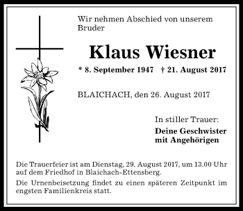 Traueranzeige von Klaus Wiesner von Allgäuer Anzeigeblatt