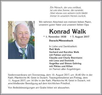 Traueranzeige von Konrad Walk von Allgäuer Zeitung,Kempten