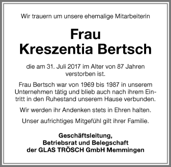 Traueranzeige von Kreszentia Bertsch von Memminger Zeitung