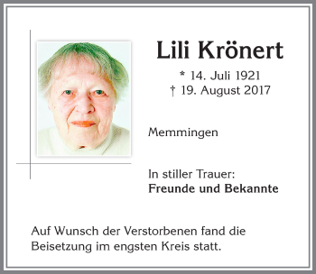 Traueranzeige von Lili Krönert von Memminger Zeitung