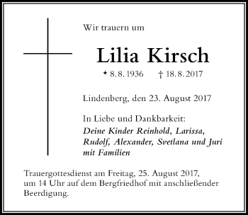 Traueranzeige von Lilia Kirsch von Der Westallgäuer