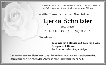 Traueranzeige von Ljerka Schnitzler von Allgäuer Zeitung, Füssen