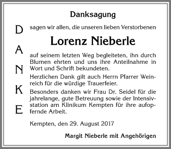 Traueranzeige von Lorenz Nieberle von Allgäuer Zeitung,Kempten