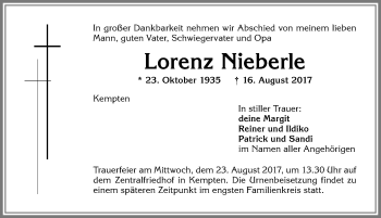 Traueranzeige von Lorenz Nieberle von Allgäuer Zeitung,Kempten