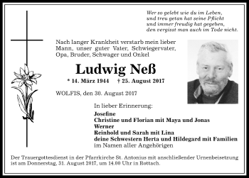 Traueranzeige von Ludwig Neß von Allgäuer Anzeigeblatt