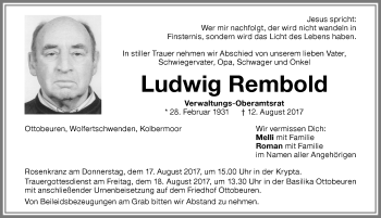 Traueranzeige von Ludwig Rembold von Memminger Zeitung