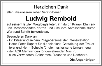 Traueranzeige von Ludwig Rembold von Memminger Zeitung