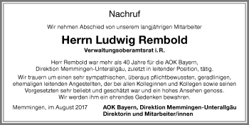 Traueranzeige von Ludwig Rembold von Memminger Zeitung