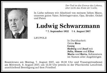 Traueranzeige von Ludwig Schwarzmann von Allgäuer Zeitung