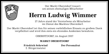 Traueranzeige von Ludwig Wimmer von Allgäuer Anzeigeblatt
