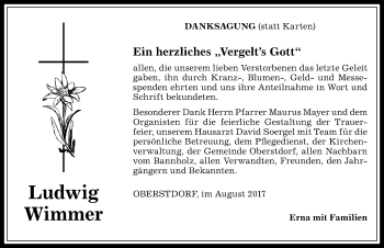 Traueranzeige von Ludwig Wimmer von Allgäuer Anzeigeblatt