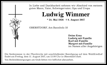 Traueranzeige von Ludwig Wimmer von Allgäuer Anzeigeblatt