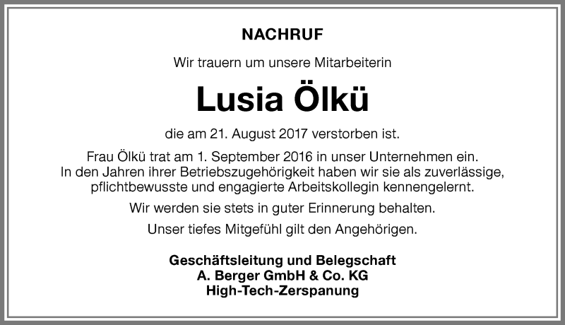  Traueranzeige für Lusia Ölkü vom 28.08.2017 aus Memminger Zeitung