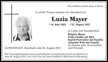 Traueranzeige von Luzia Mayer von Allgäuer Anzeigeblatt