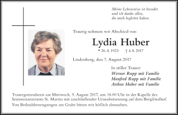 Traueranzeige von Lydia Huber von Der Westallgäuer