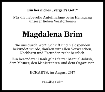 Traueranzeige von Magdalena Brim von Allgäuer Anzeigeblatt
