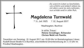 Traueranzeige von Magdalena Turnwald von Allgäuer Zeitung, Kaufbeuren/Buchloe