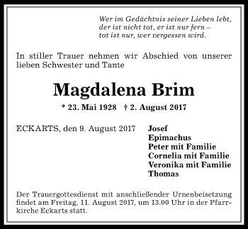 Traueranzeige von Magdalene Brim von Allgäuer Anzeigeblatt