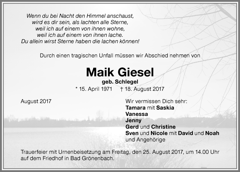 Traueranzeige für Maik Giesel vom 23.08.2017 aus Memminger Zeitung