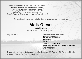 Traueranzeige von Maik Giesel von Memminger Zeitung