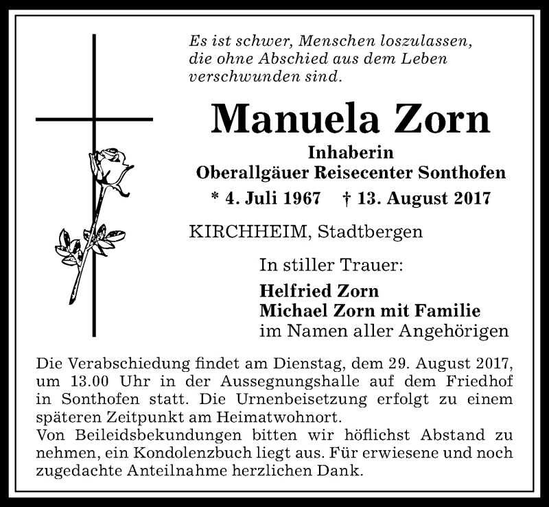  Traueranzeige für Manuela Zorn vom 26.08.2017 aus Allgäuer Anzeigeblatt