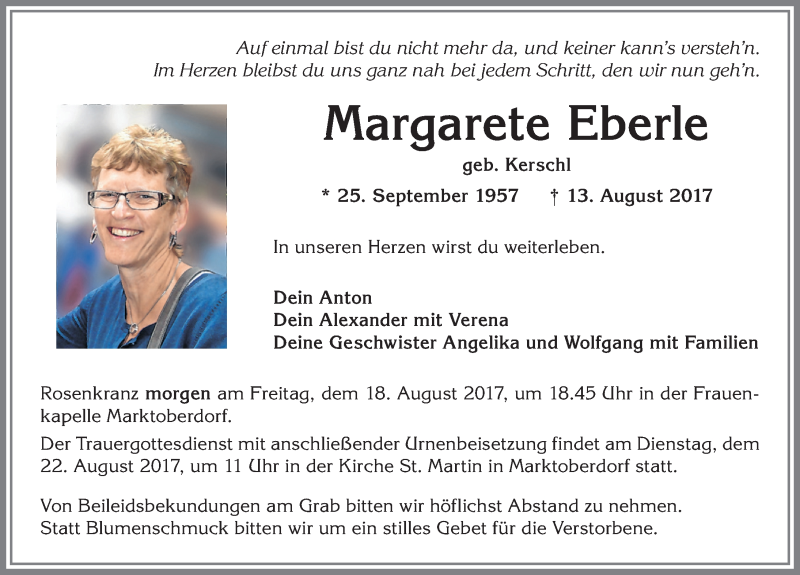  Traueranzeige für Margarete Eberle vom 17.08.2017 aus Allgäuer Zeitung, Marktoberdorf