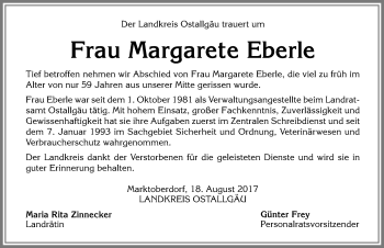 Traueranzeige von Margarete Eberle von Allgäuer Zeitung, Marktoberdorf