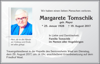 Traueranzeige von Margarete Tomschik von Allgäuer Zeitung, Kaufbeuren/Buchloe