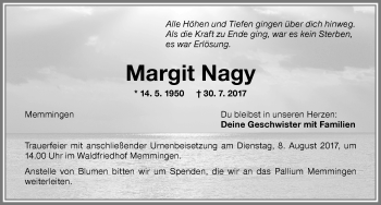 Traueranzeige von Margit Nagy von Memminger Zeitung
